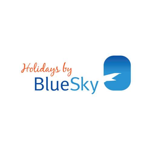 Logo de l'agence de voyages Holidays by Bluesky est un hublot d'avion avec une aile d'avion à l'intérieur. Il s'agit d'une référence client en conseil en communication d'Antoine Chadufau.