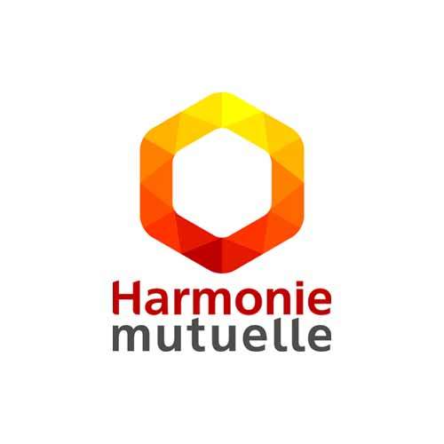 Le logo de la mutuelle Harmonie Mutuelle orange en forme de nid d'abeille. Il s'agit d'une référence client conseil en communication d'Antoine Chadufau.