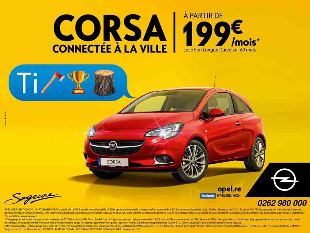 Affiche de publicité sur fond jaune avec un rebus en créole pour promouvoir l'opel Corsa à La Réunion