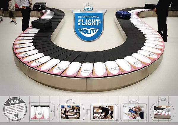 Campagne d'ambient marketing d'Oral B dans un aéroport au Japon.