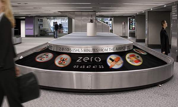 Campagne d'ambient marketing de Zero Sushi dans un aéroport.